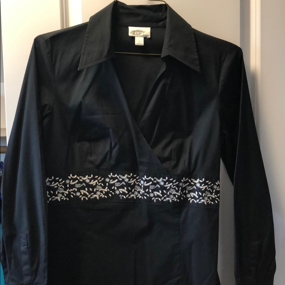 Pretty black faux wrap shirt w silver embroidery